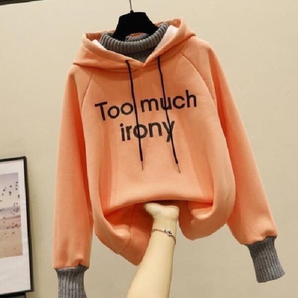 Fake Two-piece Fashion Tops Fleece-lined Thickening Print Letter Hooded Sweater - Image 3