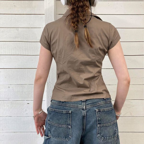 European And American Minimalist Basic Lapel Snap Fastener Tooling Style Shirt Short Sleeve Top - Image 4