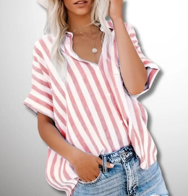Summer New Women's Short-sleeved Shirt Cotton And Linen Stripes Loose - Image 7