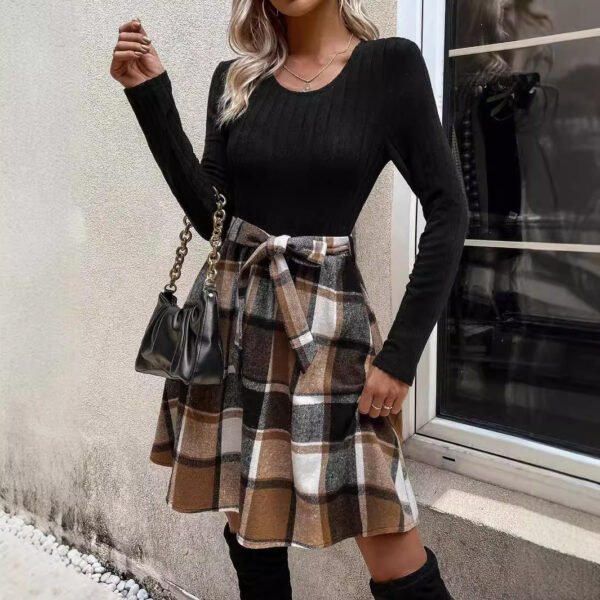 Autumn And Winter New Women's Clothing Sunken Stripe Stitching Plaid Lace-up Dress - Image 4