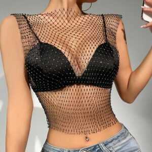 Net Drill Rhinestone Women's Clothing Short Sleeve Vest