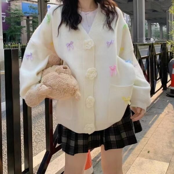 Bow Knitted Cardigan Loose-fitting Oversized Sweater - Image 7