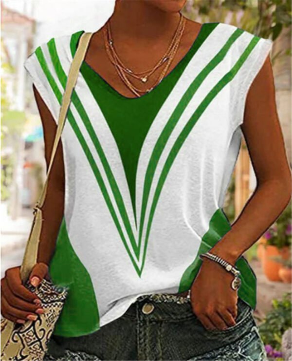 V-neck Casual Loose Striped Printed Short Sleeve T-shirt - Image 9