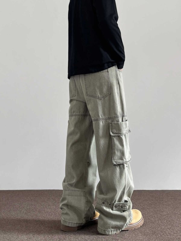 Large Pocket Denim Overalls Men's Straight Flared Trousers - Image 3