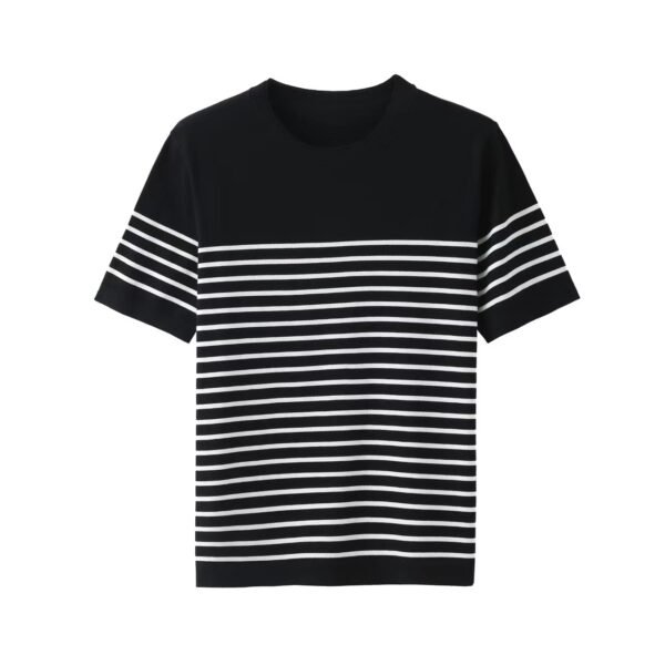 Soft Retro Navy Blue Shirt Short-sleeved T-shirt Men's Knitted Striped Top - Image 5