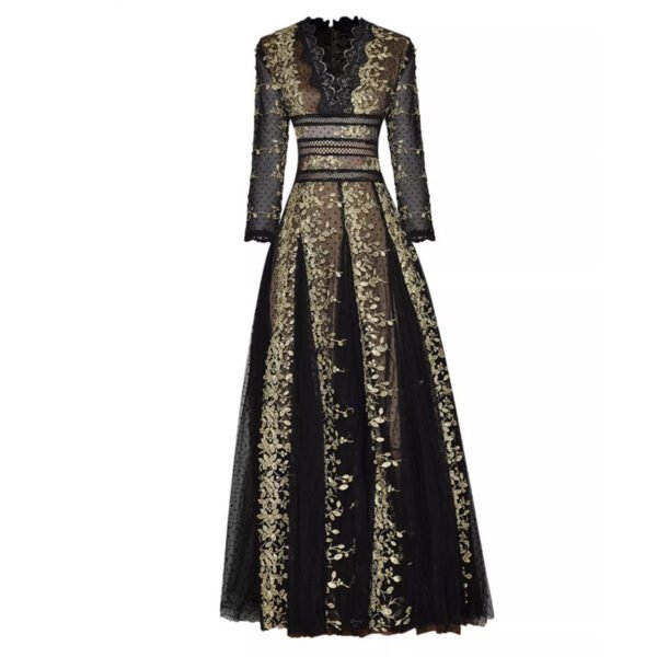 V-neck Ninth Sleeve Fitted Waist Bubble Wide Hem Gauzy Dress - Image 2