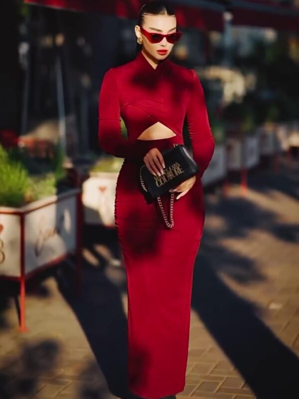 Burgundy Red Cutout Long-sleeved Bodycon Dress - Image 2