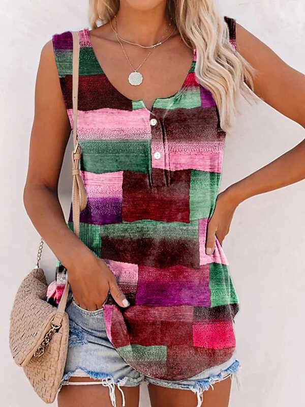 New Striped Printed Button Loose U-neck Vest T-shirt - Image 9