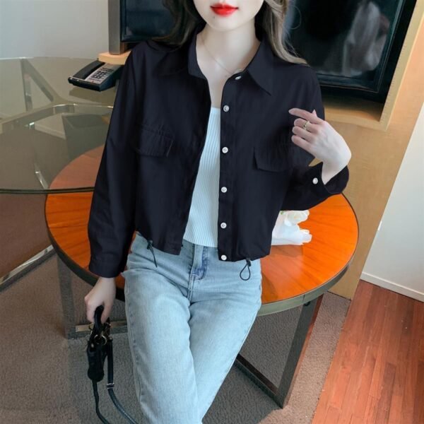Korean Version Of Everything Loose Simple Drawstring Design Sense Long-sleeved Casual Shirt Short Top - Image 2