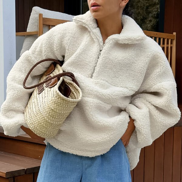 Stand Collar Beige Fleece Sweatshirt - Image 3