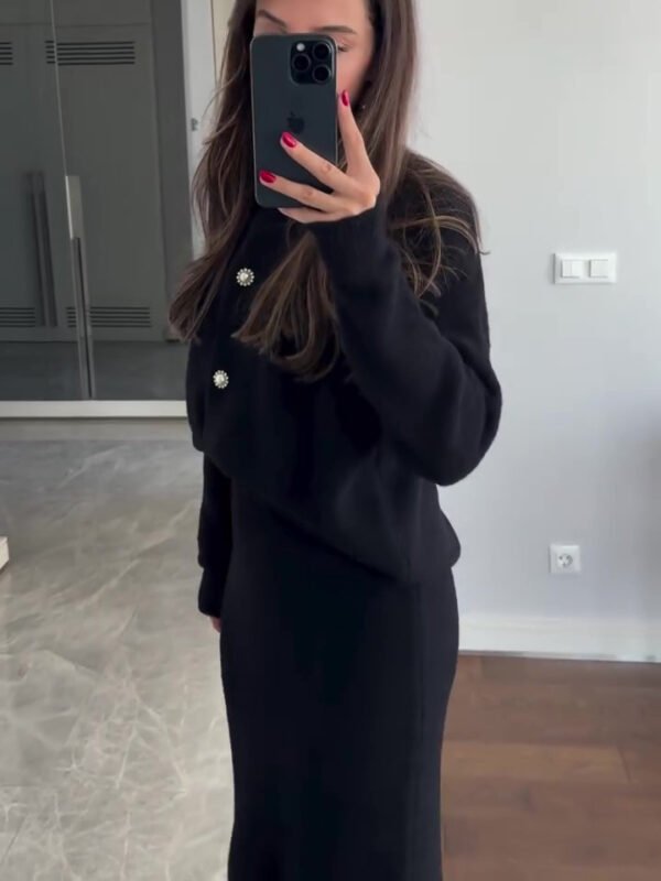 Solid Color Cardigan & Skirt Suit - Image 5