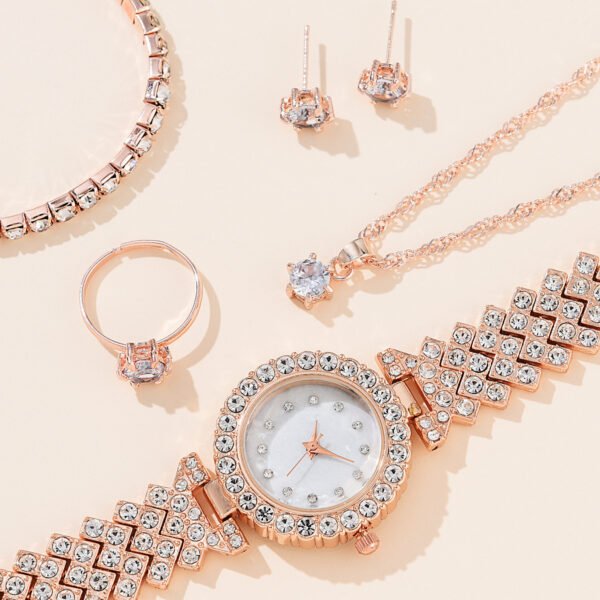 Women's Alloy Quartz Watch Necklace Earrings Bracelet Ring Suit - Image 5