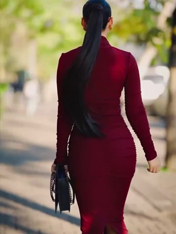 Burgundy Red Cutout Long-sleeved Bodycon Dress - Image 3
