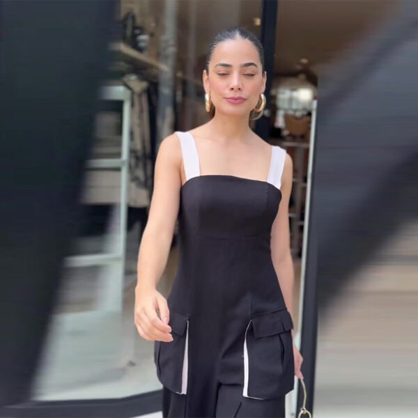 Contrast Casual Style Square Collar Sling Wide Leg Jumpsuit - Image 3