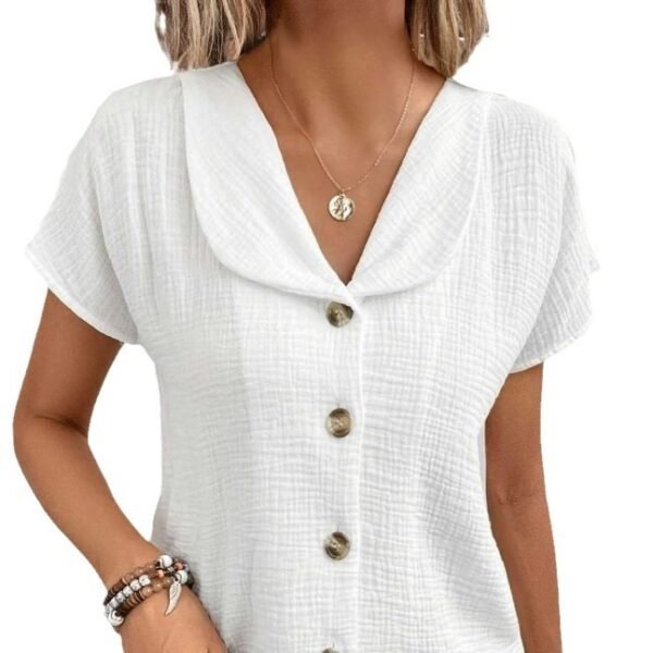 Summer Solid Color Fashion Short-sleeved Cardigan Button Women's Top - Image 5