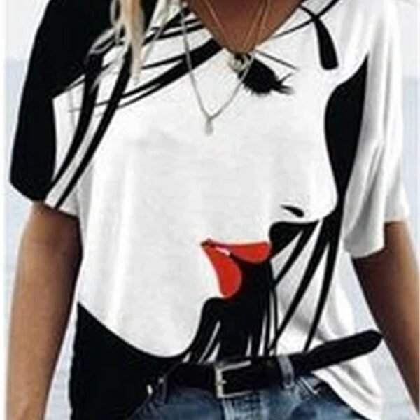Women's Face Print Short Sleeve V-neck - Image 3