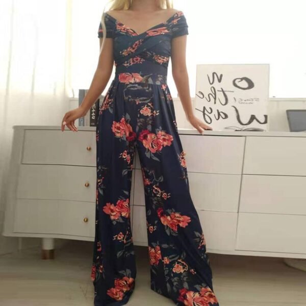 European And American Fashion Off-shoulder Printed Temperament Commute Casual High Waist Jumpsuit Women - Image 4