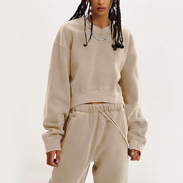 Women's V-neck Long-sleeved Midriff Outfit Sweatshirt Lace-up Sports Trousers - Image 8