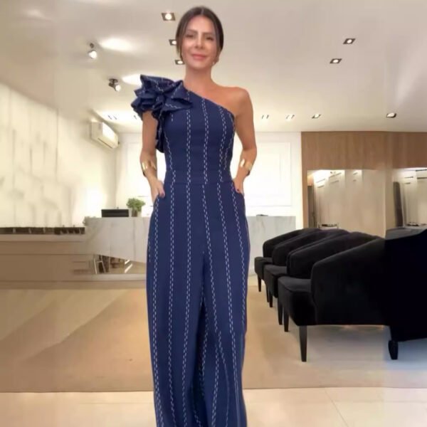Waist-tight Diagonal Collar Shoulder-baring Stringy Selvedge Striped Jumpsuit - Image 3
