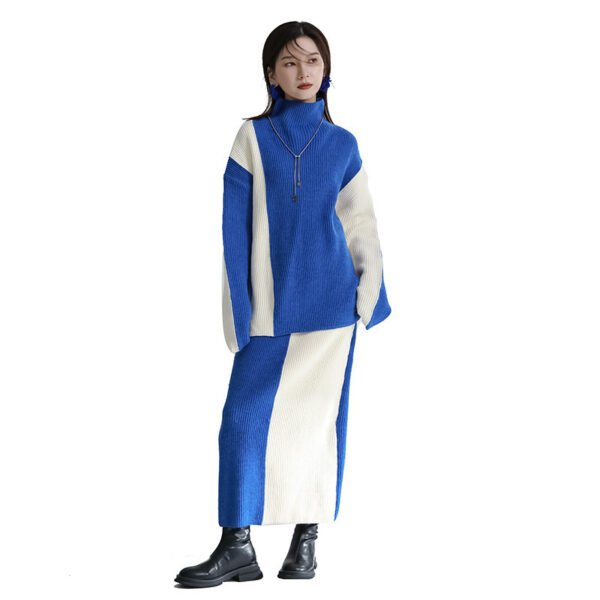 Black And White Color Contrast Patchwork Sweater Skirt Suit - Image 5