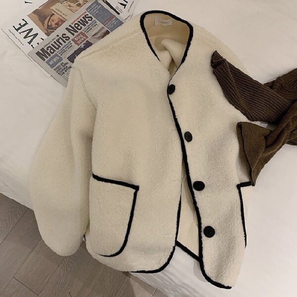 Khaki Round Neck Lamb Wool Coat For Women - Image 8