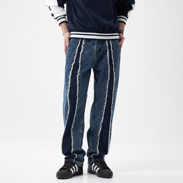 Frayed Stitching Jeans Men's Loose Straight Washed Trousers - Image 2