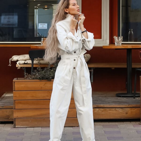Fashion Polo Collar Long Sleeve Casual Wide Leg Jumpsuit - Image 4