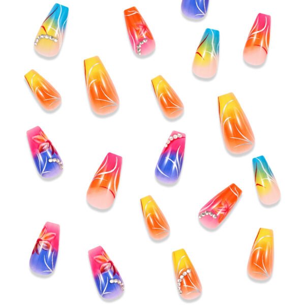 Color Gradient Flower Rhinestone Fake Nails - Image 2