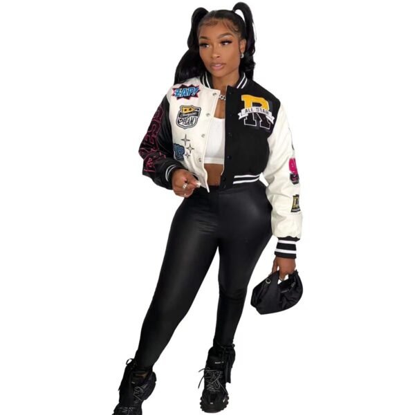 Color Block Press Button Fashion Printed Double Layer Jacket - Image 5