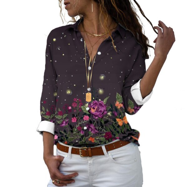 Flower 3D Digital Printing Long Sleeve Lapel Shirt - Image 3