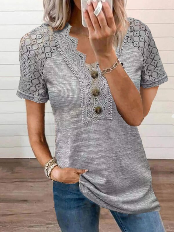 Casual Solid Color Lace V-neck Patchwork Top T-shirt With Short Sleeves - Image 8