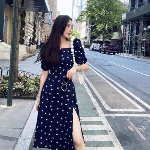 French Blue Polka Dots Dress Women's Summer New