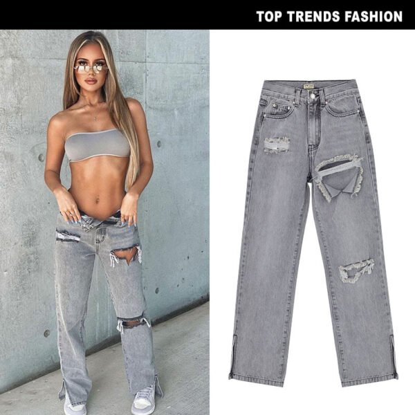 Women's High Waist Sand Gray Straight-leg Denim Trousers - Image 4
