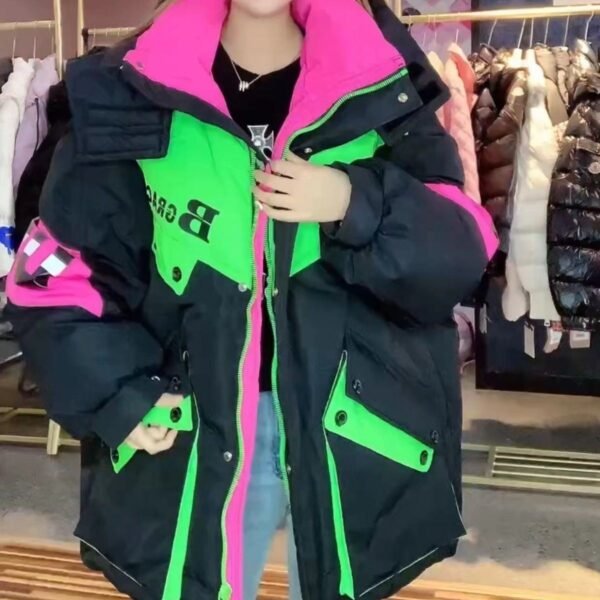 Thick Down Jacket Hooded Color Contrast Stitching Workwear - Image 4