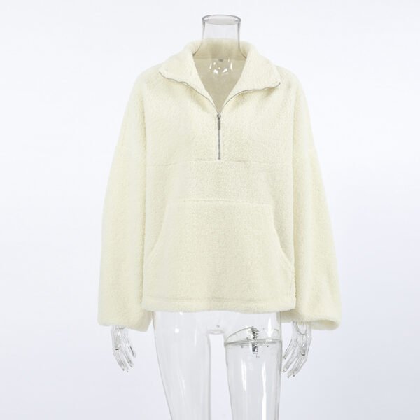 Stand Collar Beige Fleece Sweatshirt - Image 5