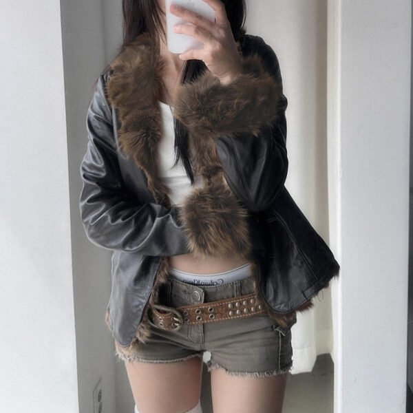 American Street Loose Fur Collar Leather Coat - Image 2