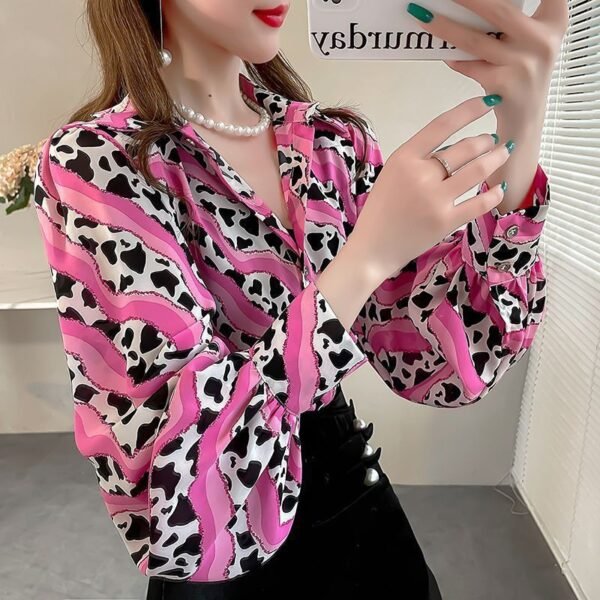 New Loose Lantern Sleeve Chiffon Printed Shirt For Women - Image 3