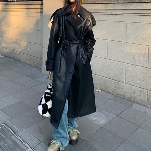 Advanced Sense Black Leather Coat Thick Loose - Image 3