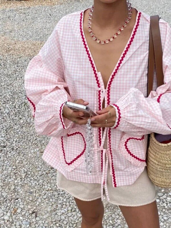Women's Plaid V-neck Shirt Love Pocket Long Sleeve Loose Top - Image 10
