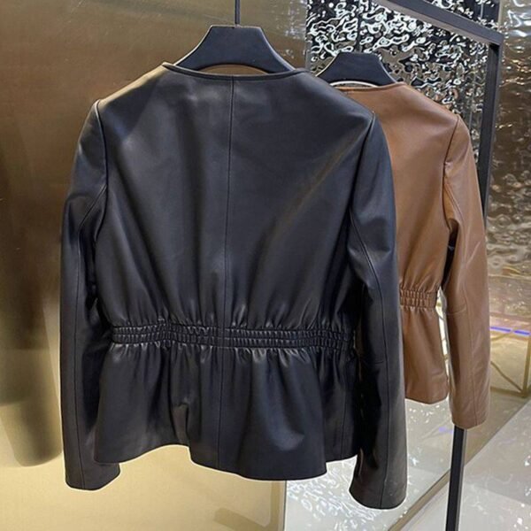 Round Neck Washed Leather Single-breasted Waist Slim Fit Coat - Image 2