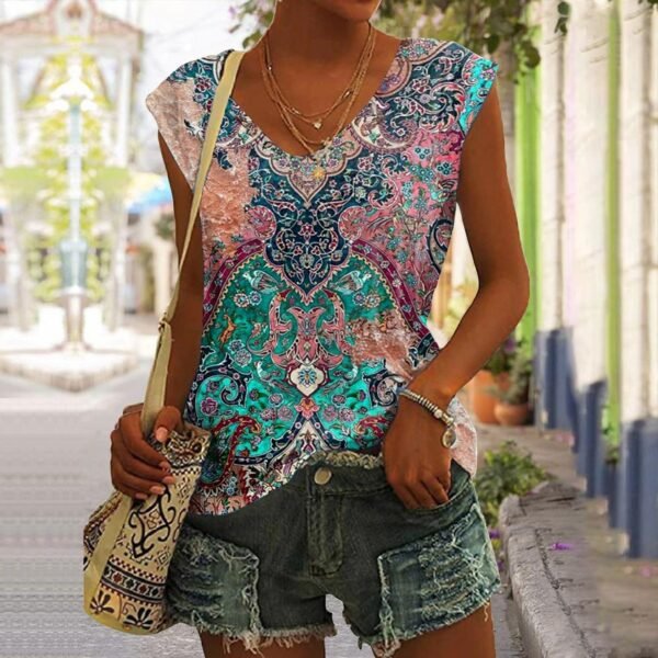 Women's V-neck Vest Vintage Architectural Print T-shirt - Image 3