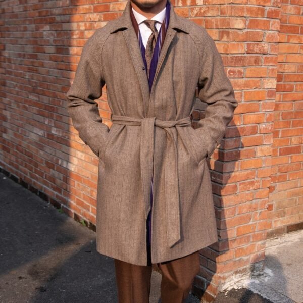 Men's Herringbone Wool Slim Fit Mid Length Coat - Image 2