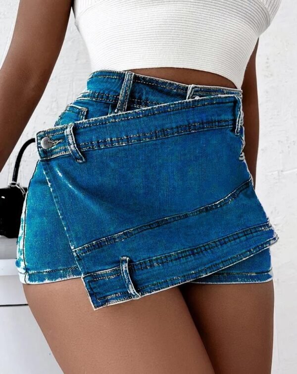 Y2K Street Vintage Denim Shorts Stretch Overlap Waist Wrap Solid Asymmetrical Hem A-Line Skinny Mini Skorts Skirt - Image 4