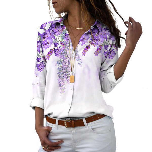Flower 3D Digital Printing Long Sleeve Lapel Shirt - Image 6