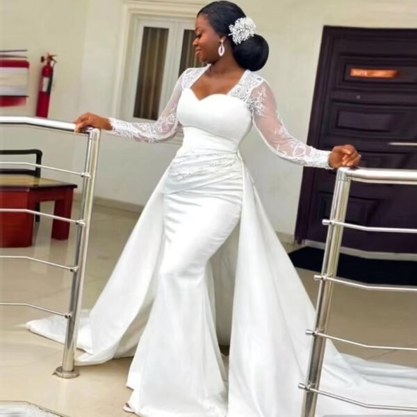 Slim High Waist White Satin Party Bridal Wedding Dress - Image 6