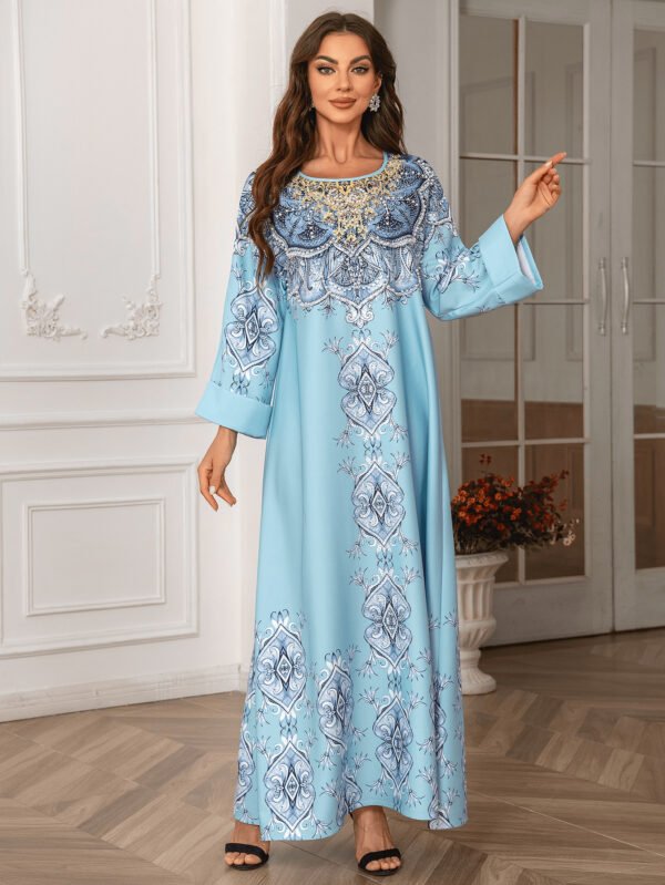High Density Rhinestone Floral-print Beaded Robe Elegant Round Neck Dress - Image 3