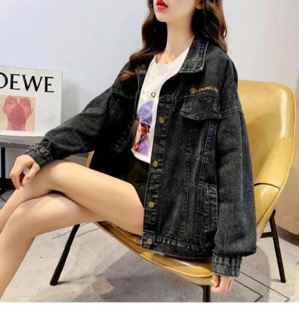 Loose Embroidered Lettered Black Denim Jacket - Image 4