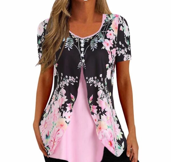 Fashion Printed Casual Short Sleeve Fake Two-piece T-shirts Women - Image 8