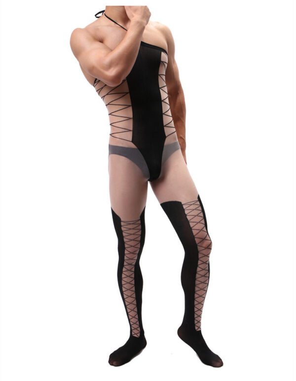 Men's Jacquard Sling One Piece Stockings Hollow Silky Transparent - Image 2