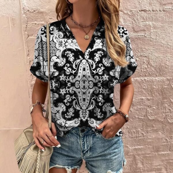 Printed T-shirt Ethnic V-neck Summer Short Sleeve - Image 2